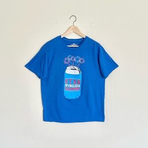 Star Spangled & Hammered 4th of July Beer Can Fireworks Blue T Shirt Adult Large